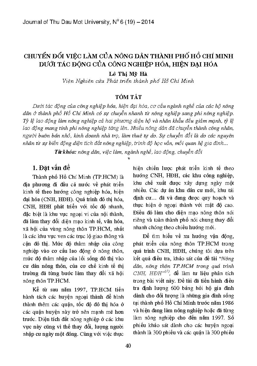 Chuyển đổi việc làm của nông dân thành phố Hồ Chí Minh dưới tác động của công nghiệp hóa, hiện đại hóa