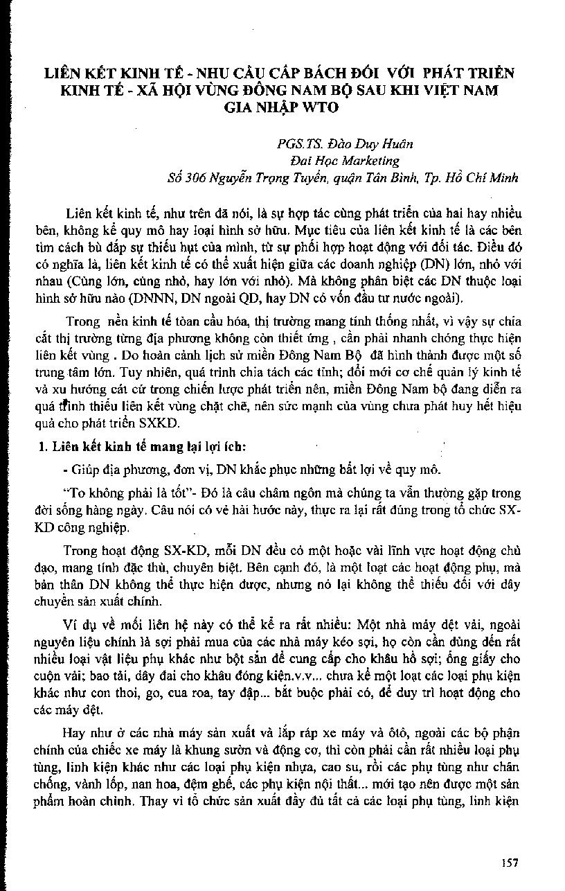 Liên kết kinh tế - Nhu cầu cấp bách đối với phát triển kinh tế - xã hội vùng Đông Nam Bộ sau khi Việt Nam gia nhập WTO