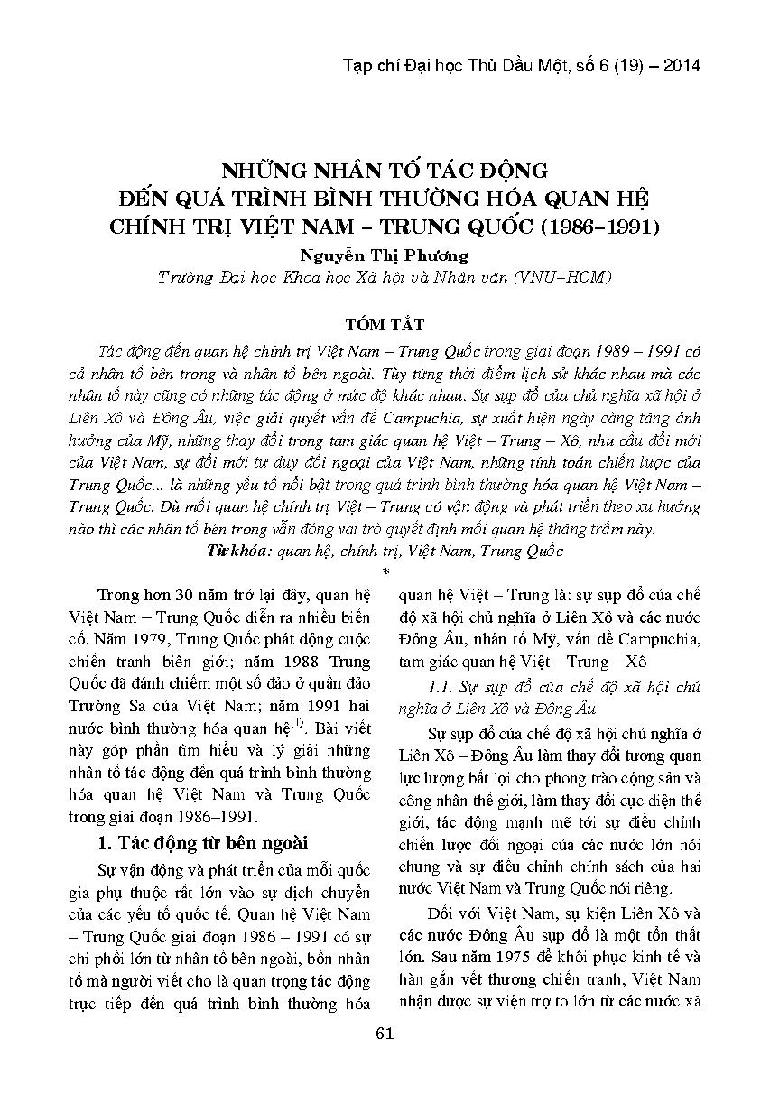 Những nhân tố tác động đến quá trình bình thường hóa quan hệ chính trị Việt Nam - Trung Quốc (1986-1991)