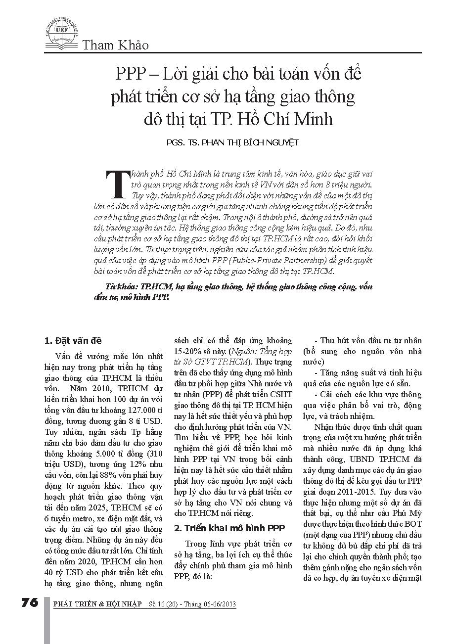 PPP - Lời giải cho bài toán vốn để phát triển cơ sở hạ tầng giao thông đô thị tại TP. Hồ Chí Minh