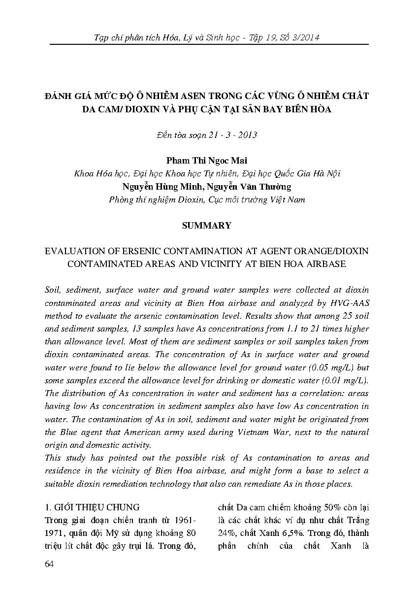 Đánh giá mức độ ô nhiễm asen trong các vùng ô nhiễm chất da cam/dioxin và phụ cận tại sân bay Biên Hòa