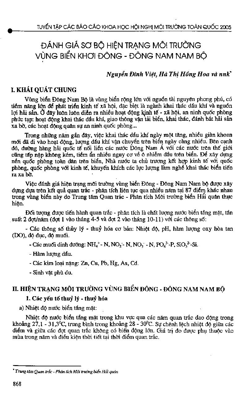 Đánh giá sơ bộ hiện trạng môi trường vùng biển khơi Đông - Đông Nam Nam Bộ