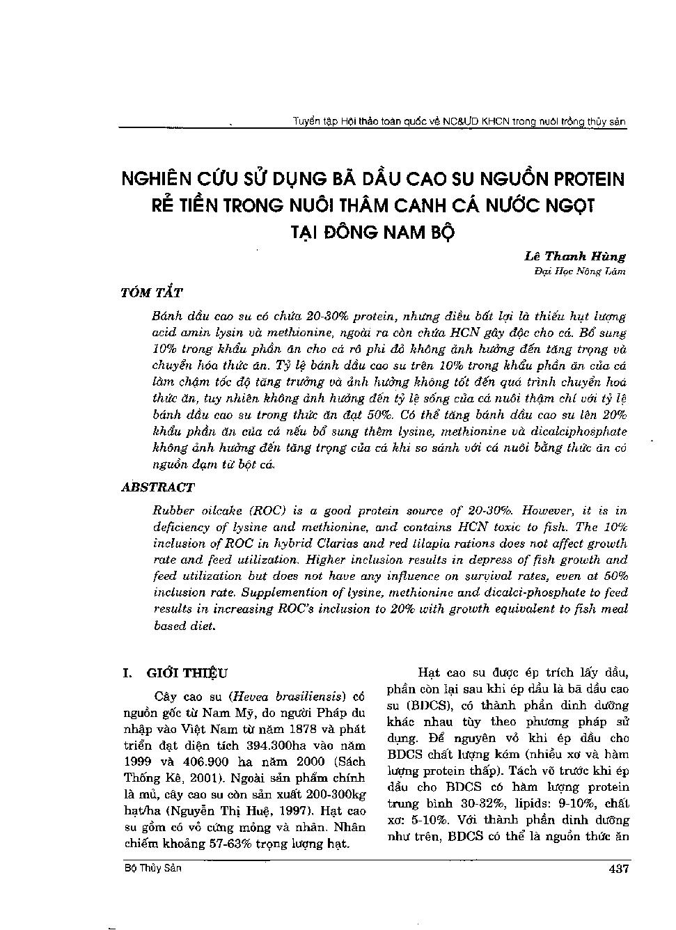 Nghiên cứu sử dụng bã dầu cao su nguồn Protein rẻ tiền trong nuôi thâm canh cá nước ngọt tại Đông Nam Bộ