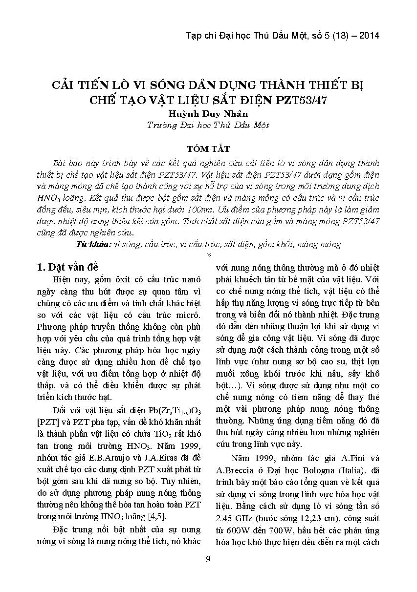 Cải tiến lò vi sóng dân dụng thành thiết bị chế tạo vật liệu sắt điện PZT53/47