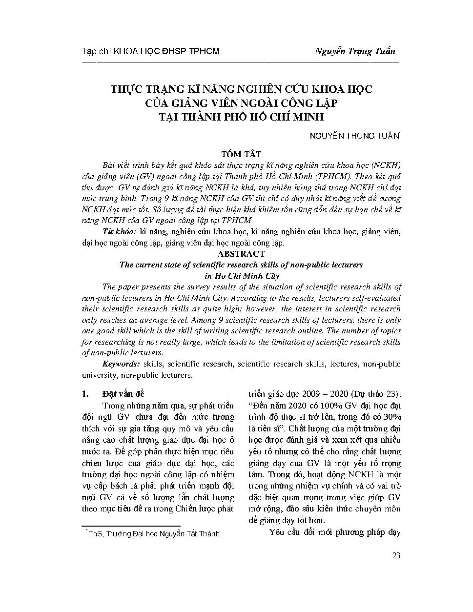 Thực trạng kĩ năng nghiên cứu khoa học của Giảng viên ngoài công lập tại Thành phố Hồ Chí Minh