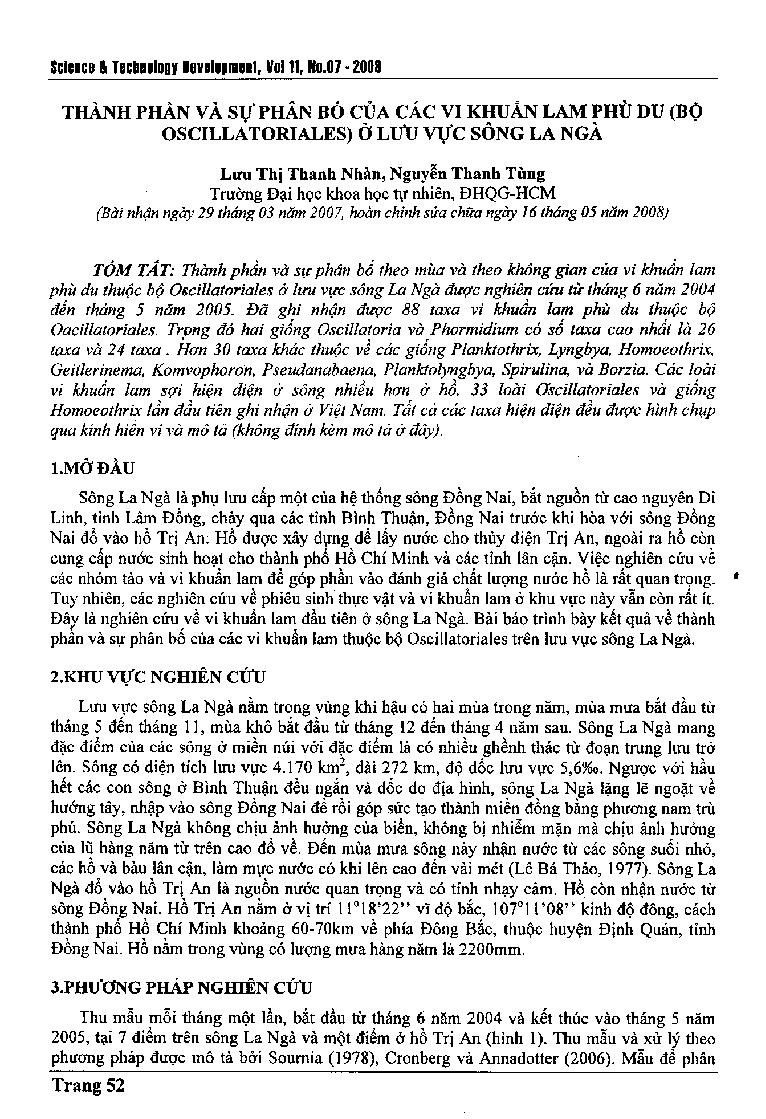 Thành phần và sự phân bố của các vi khuẩn lam phù du (Bộ OSCILLATORIALES) ở lưu vực sông La Ngà