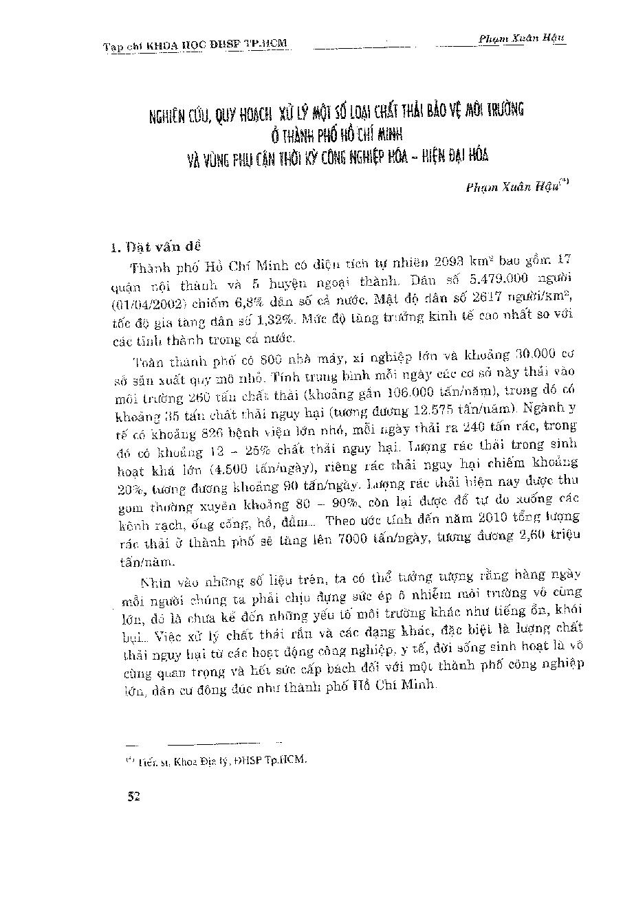 Nghiên cứu quy hoạch, xử lý một số loại chất thải bảo vệ môi trường ở Thành Phố Hồ Chí Minh và vùng phụ cận thời Công Nghiệp hóa - Hiện đại hóa