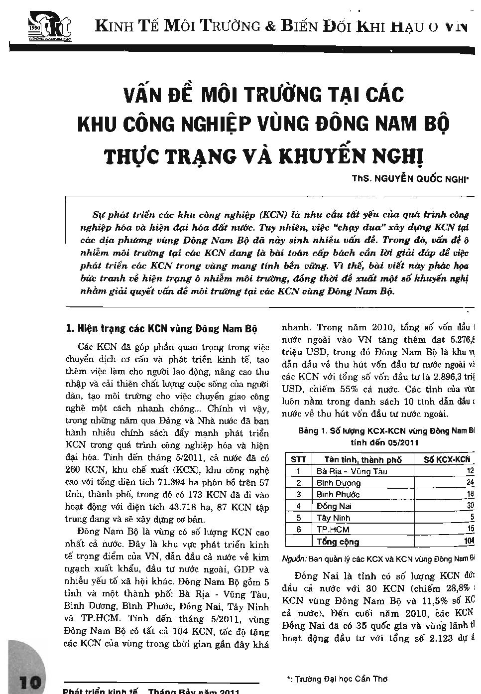 Vấn đề môi trường tại các khu công nghiệp vùng Đông Nam Bộ thực trạng và kiến nghị