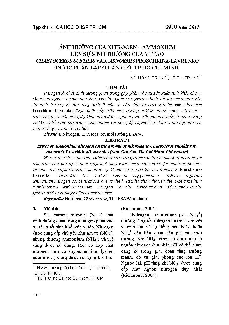 Ảnh hưởng của Nitrogen-Ammonium lên sự sinh trưởng của vi tảo CHAETOCEROS SUBTILIS VAR. ABNORMIS PROSCHKINA-LAVRENKO được phân lập ở Cần Giờ, TP Hồ Chí Minh