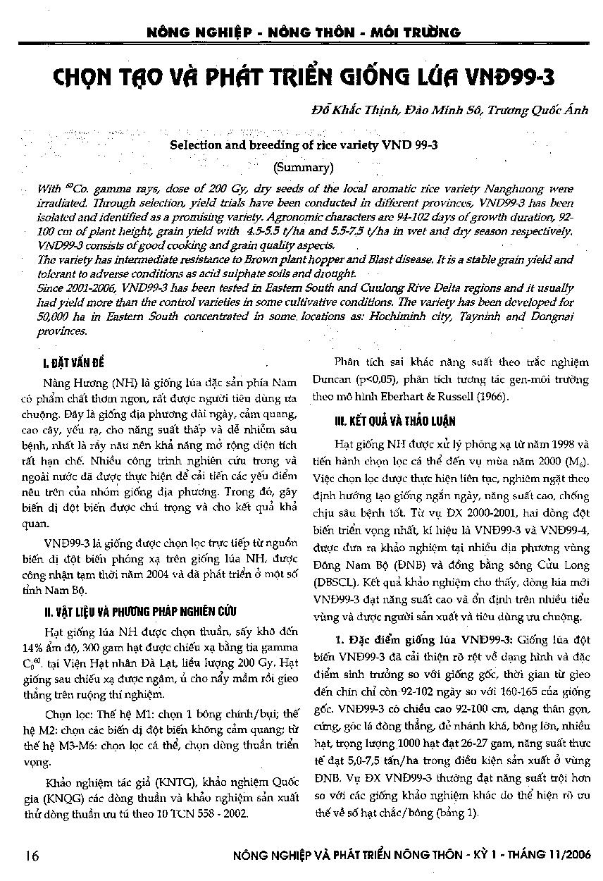 Chọn tạo và phát triển giống lúa VNĐ99-3