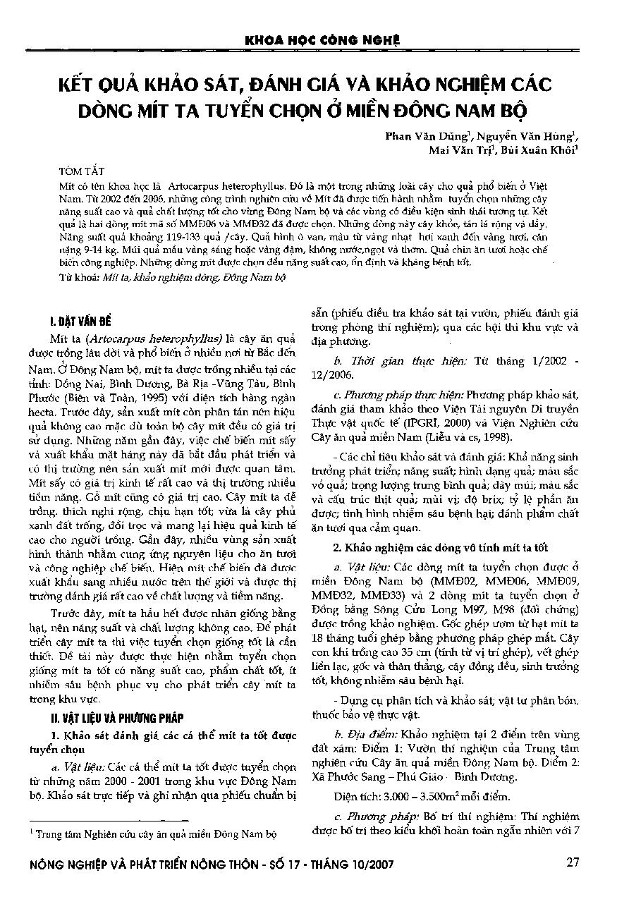 Kết quả khảo sát, đánh giá và khảo nghiệm các dòng mít ta tuyển chọn ở vùng Đông Nam Bộ
