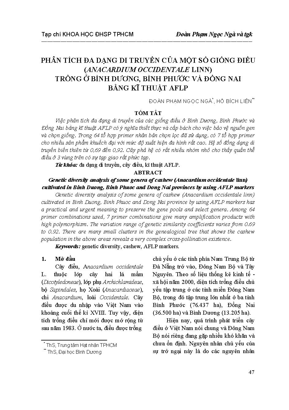 Phân tích đa dạng di truyền của một số giống Điều (ANACARDIUM OCCIDENTALE LINN) trồng ở Bình Dương, Bình Phước, Đồng Nai bằng kĩ thuật AFLP