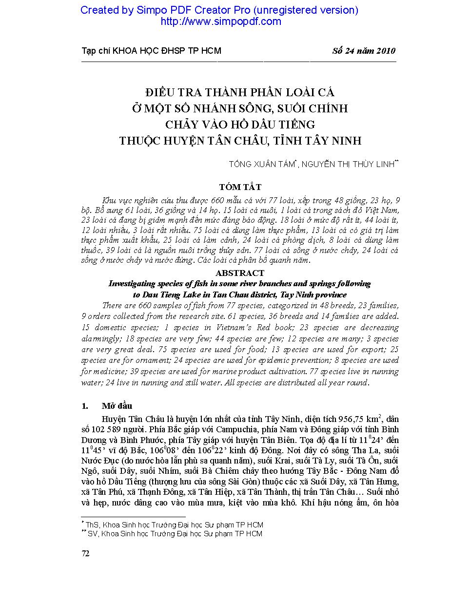 Điều tra thành phần loài cá ở một số nhánh sông, suối chính chảy vào hồ Dầu Tiếng thuộc huyện Tân Châu, tỉnh Tây Ninh