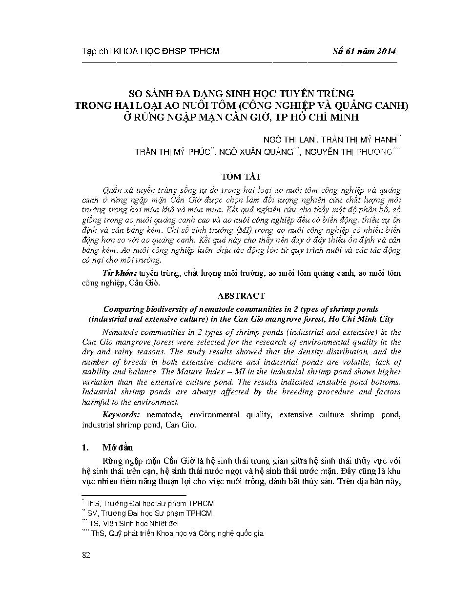 So sánh đa dạng sinh học tuyến trùng trong 2 loại ao nuôi tôm (công nghiệp và quảng canh) ở rừng ngập mặn Cần Giờ, TP Hồ Chí Minh