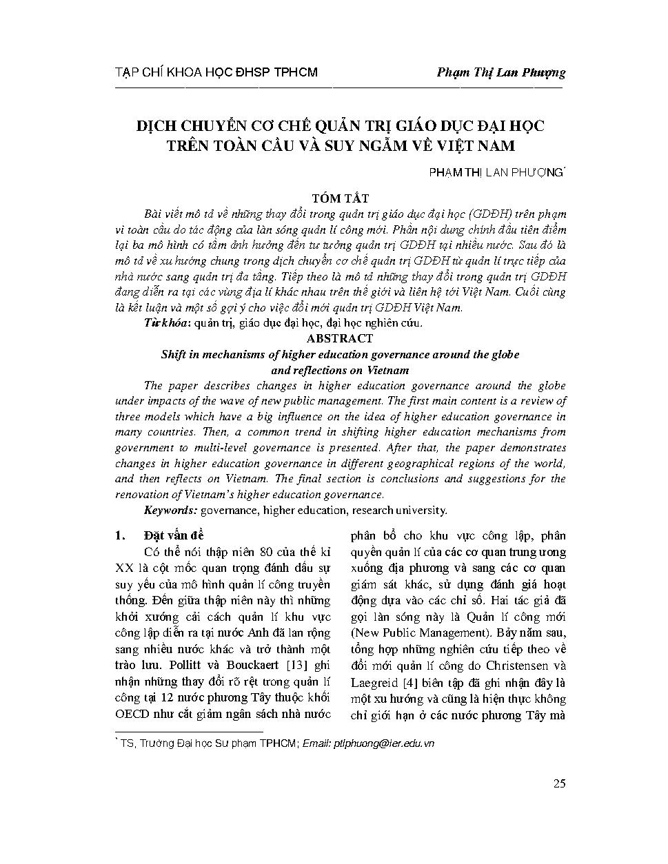 Dịch chuyển cơ chế quản trị giáo dục đại học trên toàn cầu và suy ngẫm về Việt Nam