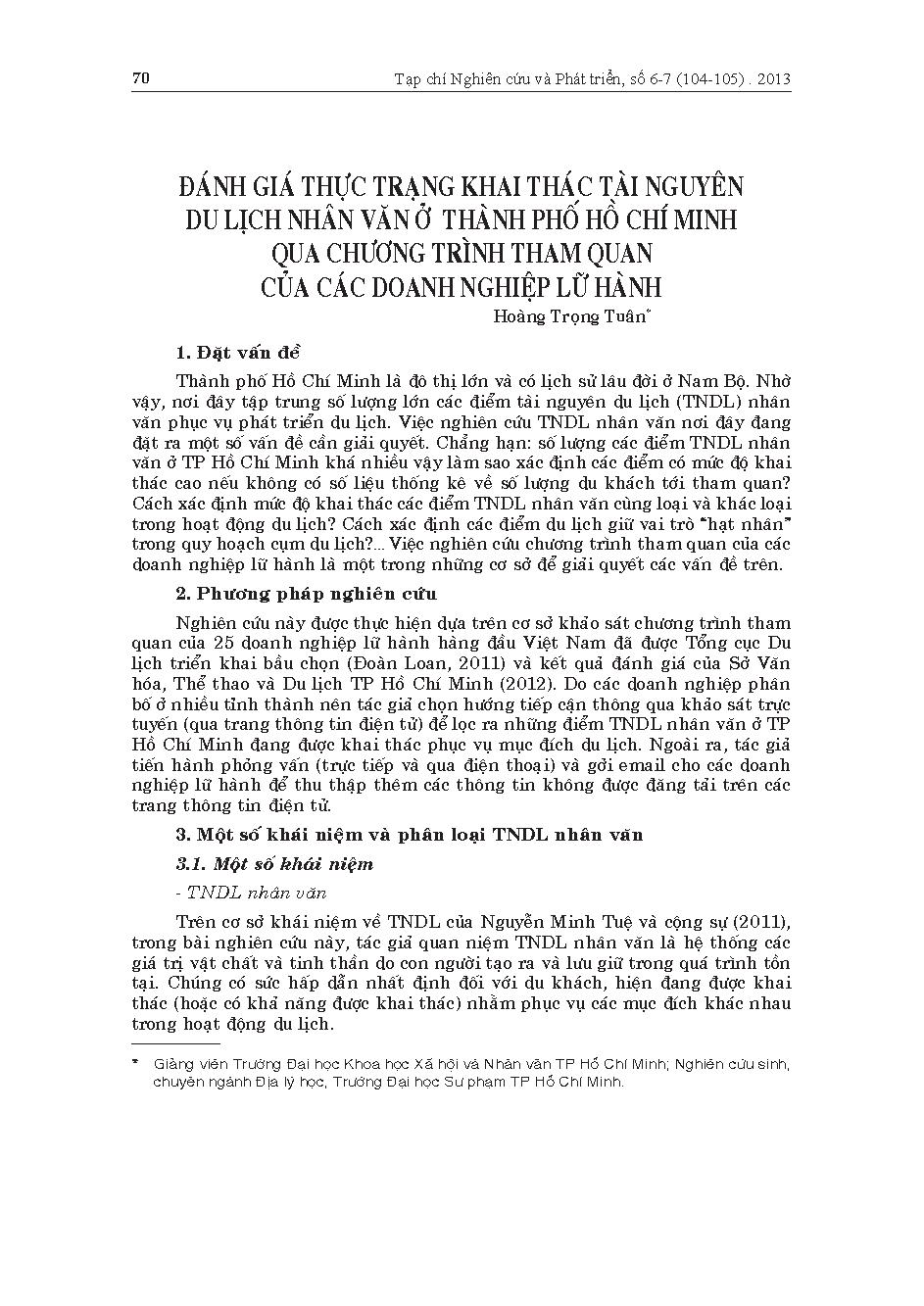 Đánh giá thực trạng khai thác tài nguyên du lịch nhân văn ở Thành Phố Hồ Chí Minh qua chương trình tham quan của các doanh nghiệp lữ hành