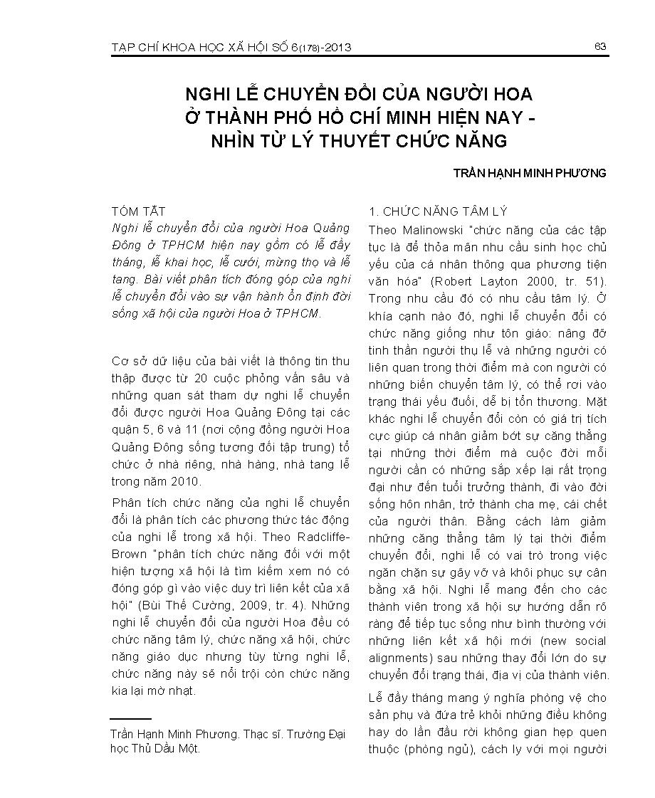 Nghi lễ chuyển đổi của người Hoa ở Thành Phố Hồ Chí Minh hiện nay - nhìn từ lý thuyết chức năng