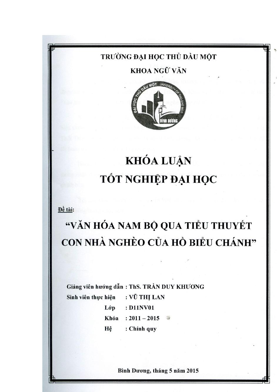 Văn hóa Nam Bộ qua tiểu thuyết con nhà nghèo của Hồ Biểu Chánh