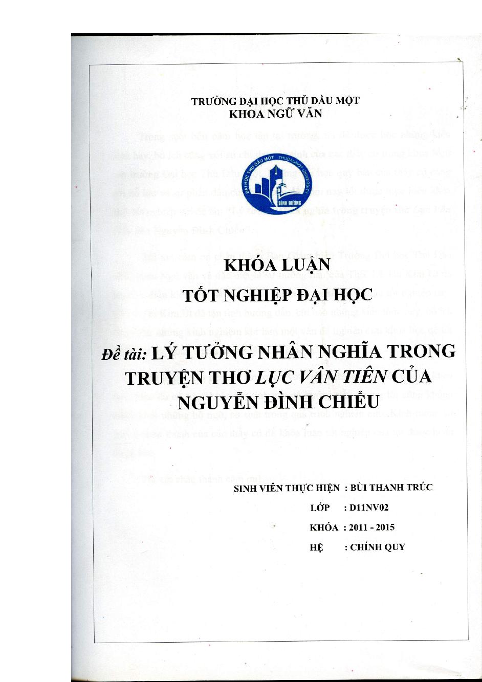 Lý tưởng nhân nghĩa trong truyện thơ Lục Vân Tiên của Nguyễn Đình Chiểu