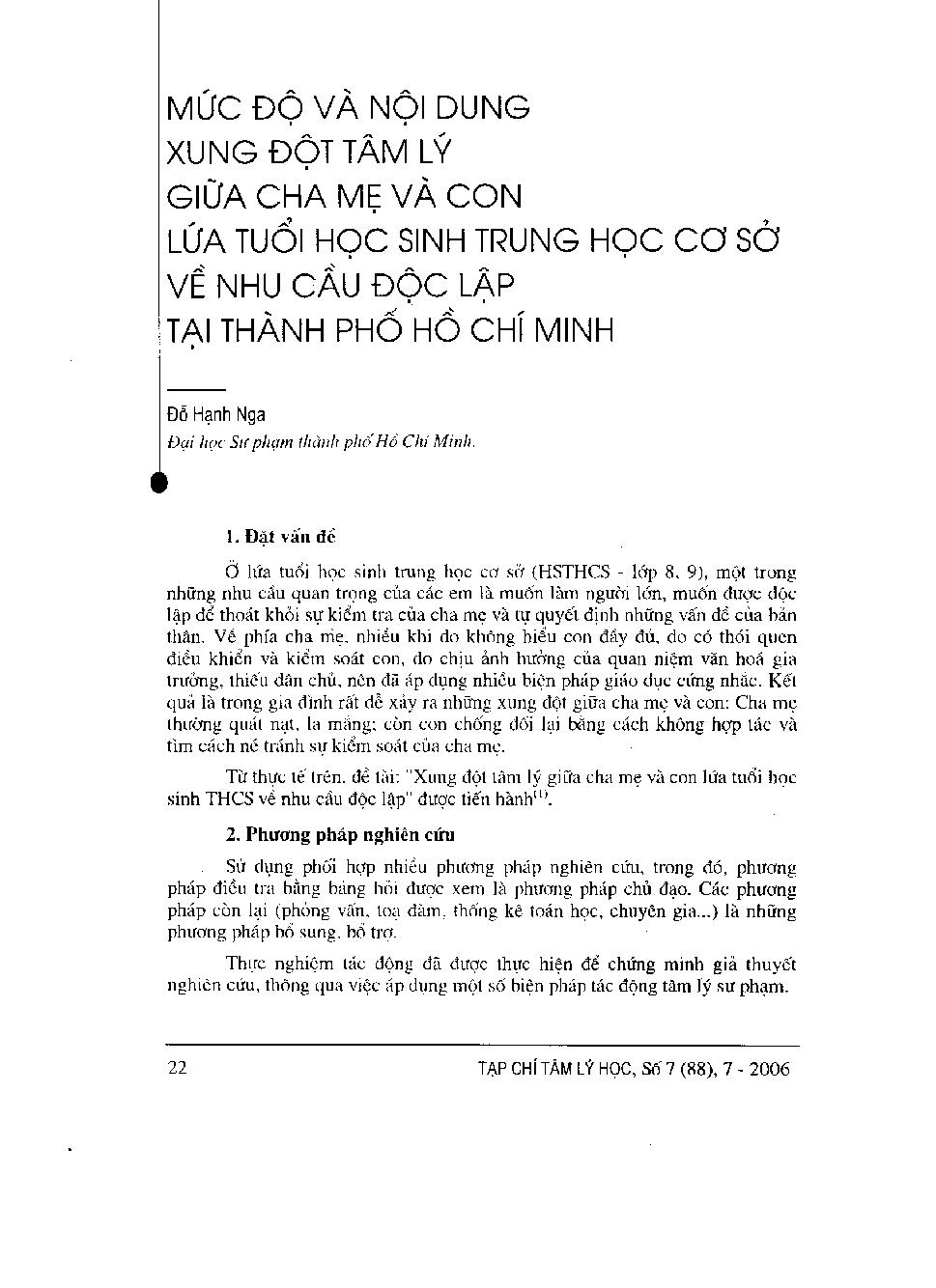 Mức độ và nội dung xung đột tâm lý giữa cha mẹ và con lứa tuổi học sinh Trung học cơ sở về nhu cầu độc lập tại Thành phố Hồ Chí Minh