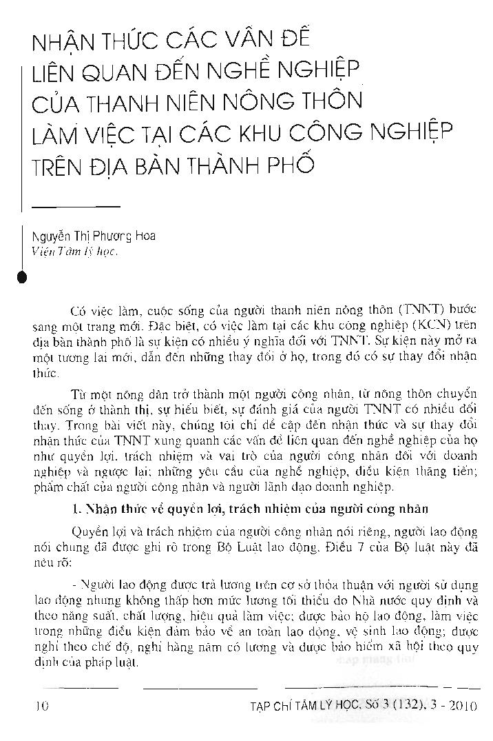 Nhận thức các vấn đề liên quan đến nghề nghiệp của thanh niên nông thôn làm việc tại các khu công nghiệp trên địa bàn Thành phố