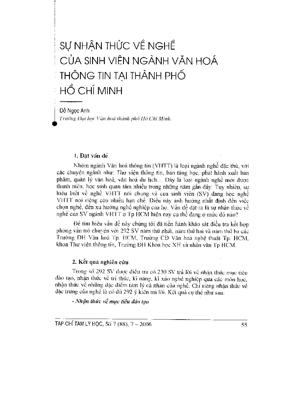 Sự nhận thức về nghề của sinh viên ngành văn hóa thông tin tại Thành phố Hồ Chí Minh