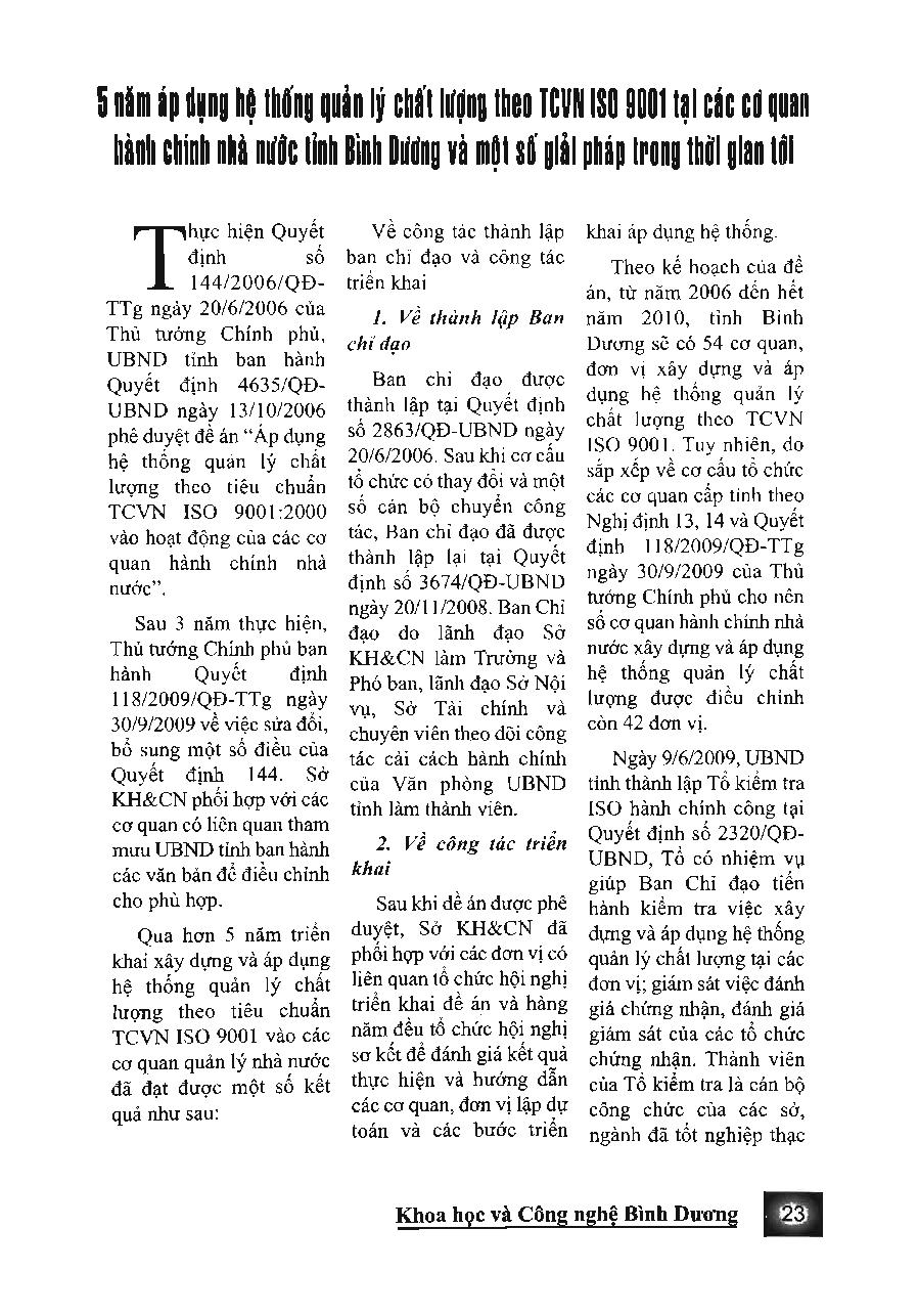 5 năm áp dụng hệ thống quản lý chất lượng theo TCVN ISO 9001 tại các cơ quan hành chính nhà nước tỉnh Bình Dương và một số giải pháp trong thời gian tới
