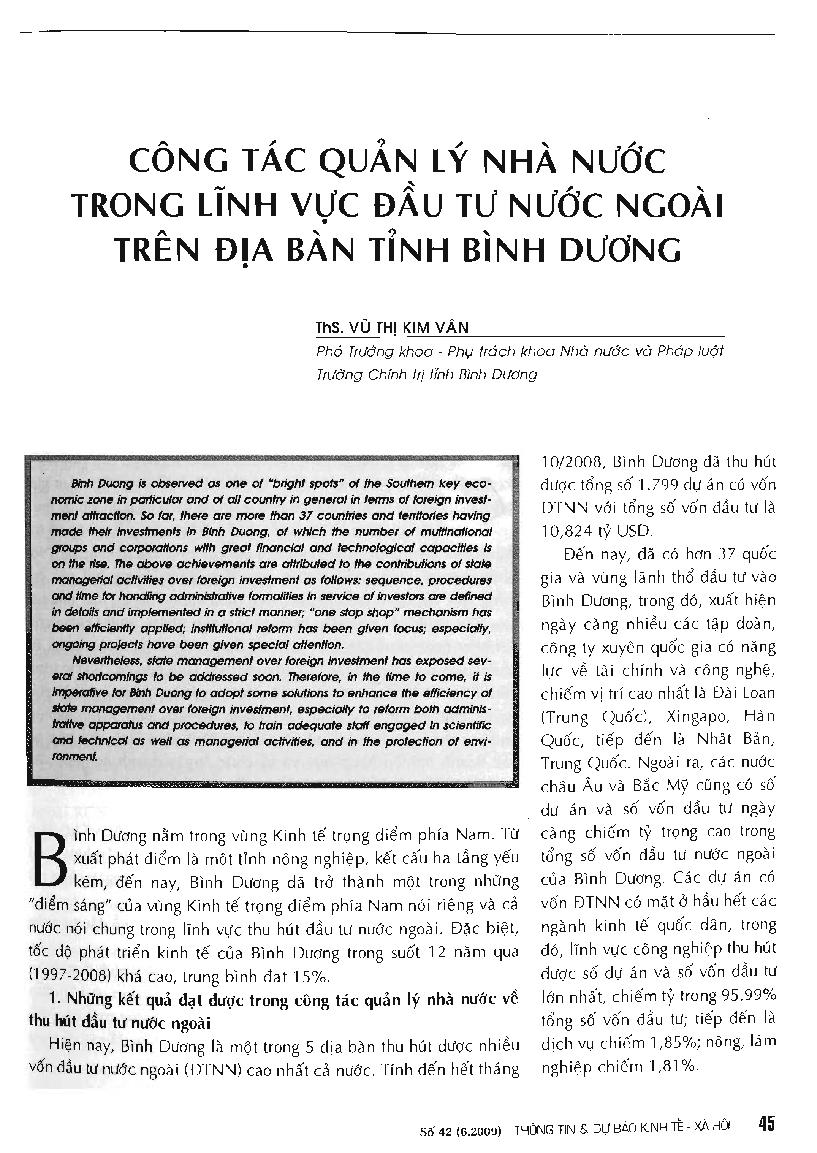 Công tác quản lý nhà nước trong lĩnh vực đầu tư nước ngoài trên địa bàn tỉnh Bình Dương