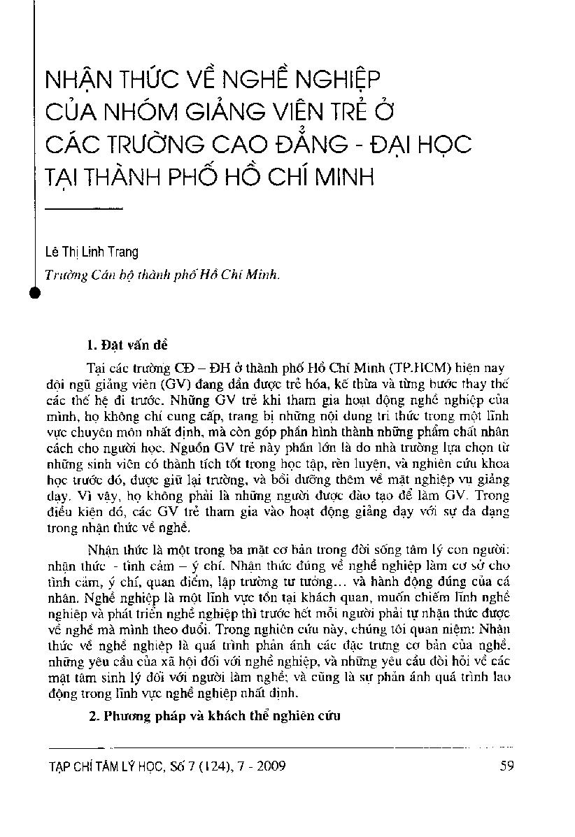 Nhận thức về nghề nghiệp của nhóm giảng viên trẻ ở các trường Cao đẳng Đại học tại Thành phố Hồ Chí Minh