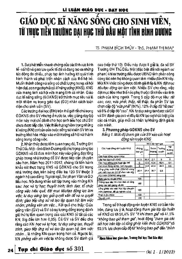 Giáo dục kĩ năng sống cho sinh viên, từ thực tiễn trường đại học Thủ Dầu một tỉnh Bình Dương