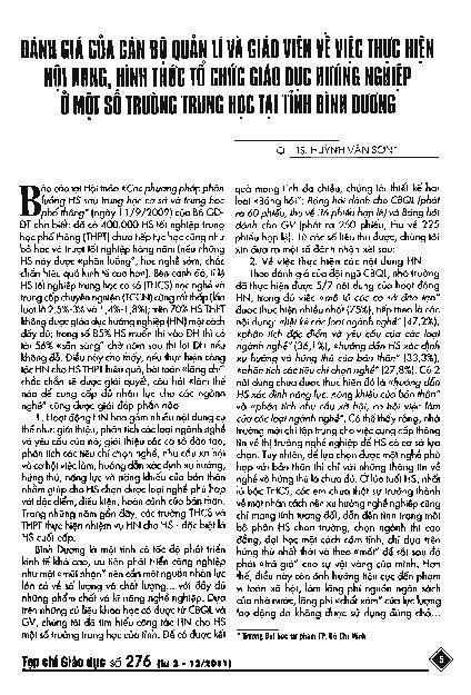 Đánh giá của cán bộ quản lí và giáo viên về việc thực hiện nội dung, hình thức tổ chức giáo dục hướng nghiệp ở một số trường trung học tại tỉnh Bình Dương