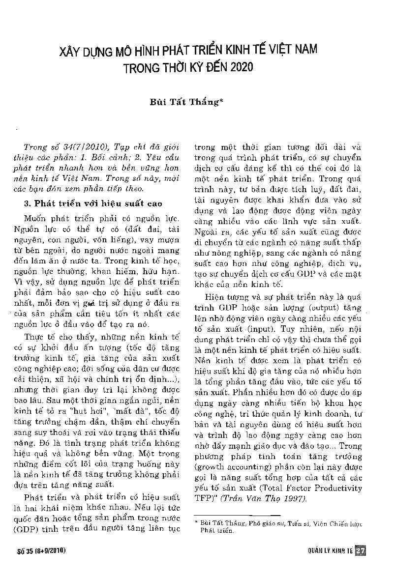 Xây dựng mô hình phát triển kinh tế Việt Nam trong thời kỳ đến 2020