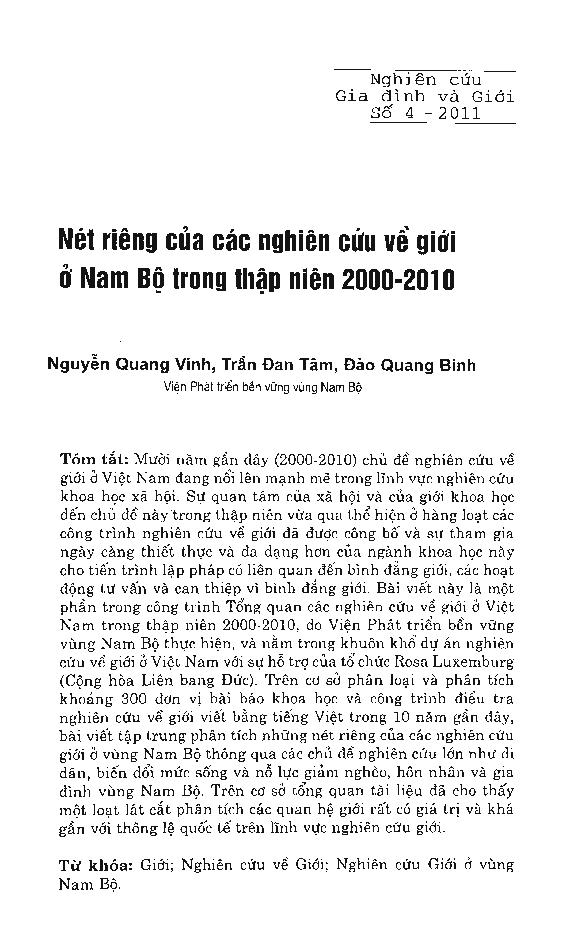 Nét riêng của các nghiên cứu về giới ở Nam Bộ trong thập niên 2000 - 2010