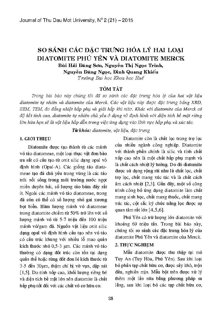 So sánh các đặc trưng hóa lý hai loại diatomite Phú Yên và diatomite merck