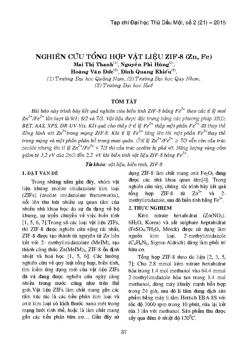 Nghiên cứu tổng hợp vật liệu ZIF-8 (Zn, Fe)