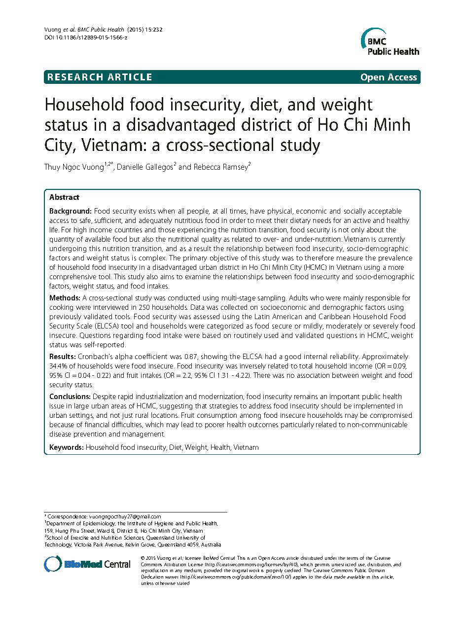 Household food insecurity, diet, and weight status in a disadvantaged district of Ho Chi Minh City, Vietnam: a cross-sectional study