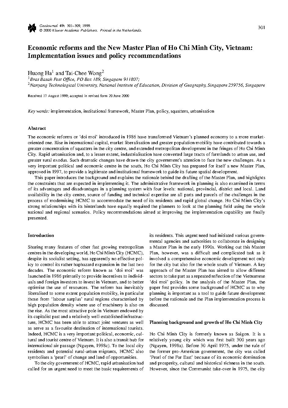 Economic reforms and the New Master Plan of Ho Chi Minh City, Vietnam: Implementation issues and policy recommendations