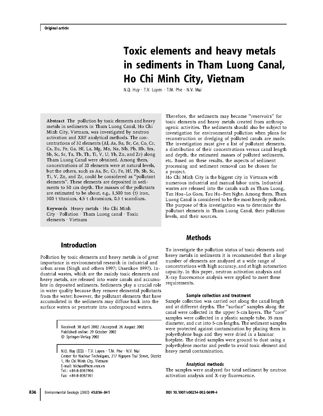 Toxic elements and heavy metals in sediments in Tham Luong Canal, Ho Chi Minh City, Vietnam