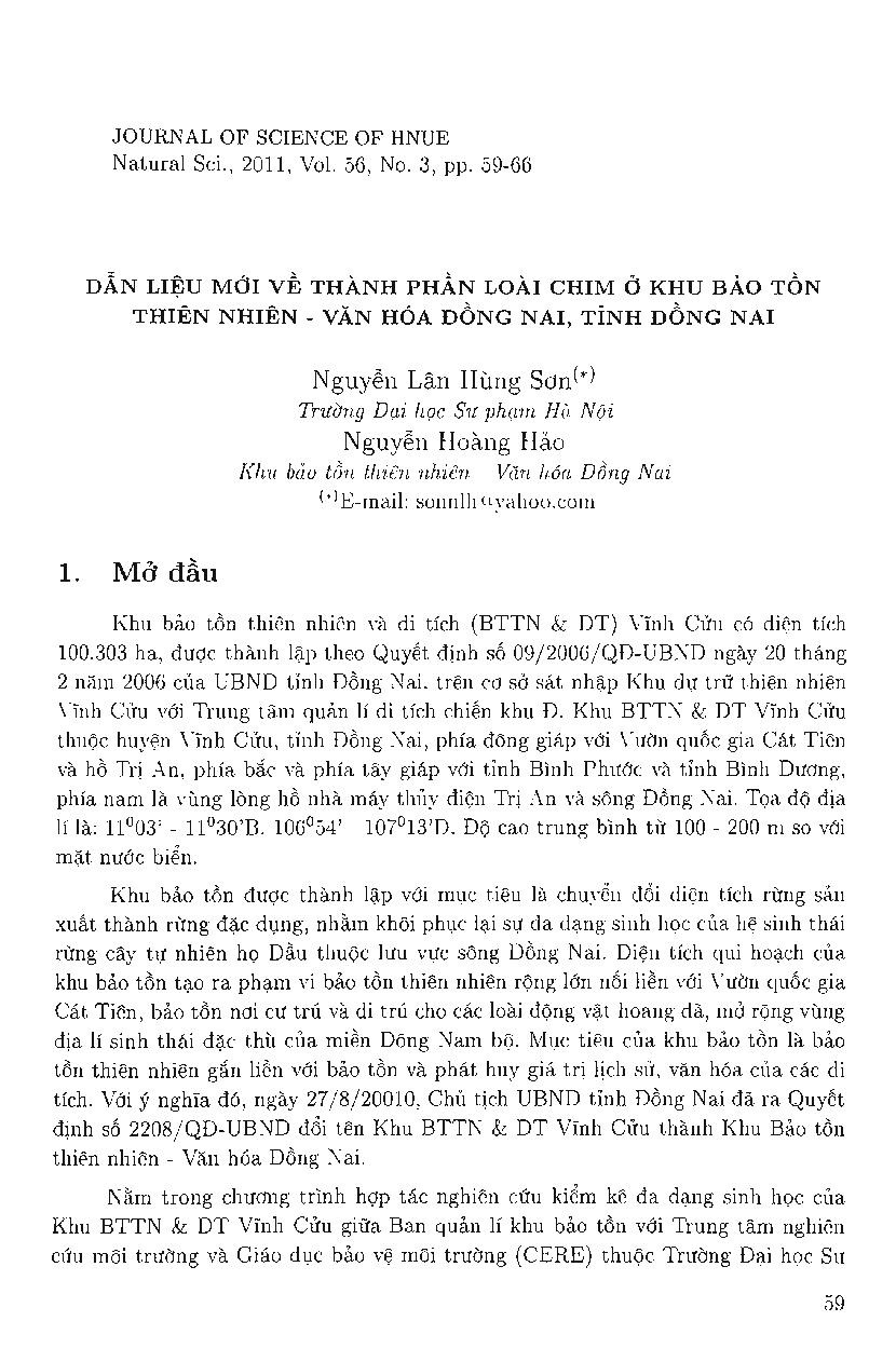 Dẫn liệu mới về thành phần loài chim ở khu bảo tồn thiên nhiên văn hóa Đồng Nai, tỉnh Đồng Nai