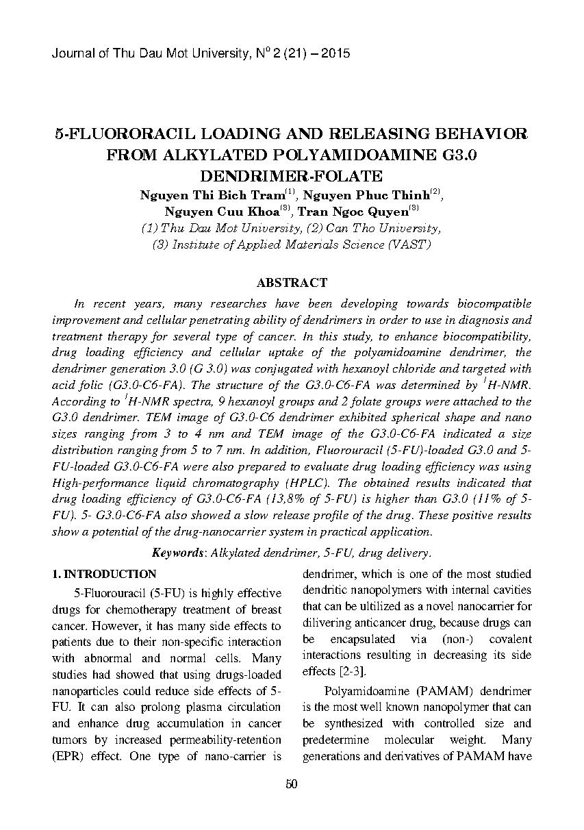 Đặc tính mang và nhả 5-fluororacil của alkylated polyamidoamine G3.0 dendrimer-folate