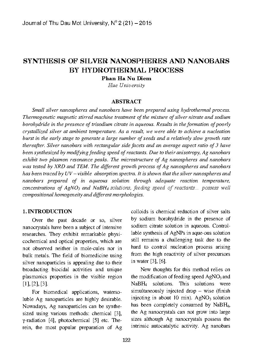 Synthesis of silver nanospheres and nanobars by hydrothermal process