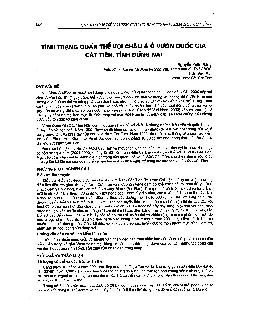 Tình trạng quần thể Voi Châu Á ở vườn Quốc gia Cát Tiên, tỉnh Đồng Nai