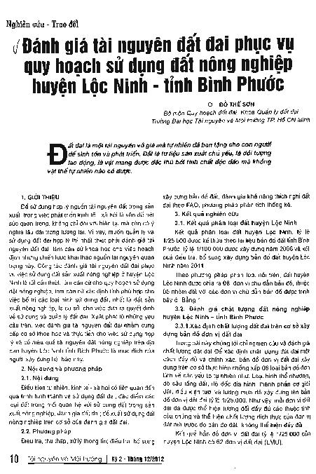 Đánh giá tài nguyên đất đai phục vụ quy hoạch sử dụng đất nông nghiệp huyện Lộc Ninh - tỉnh Bình Phước