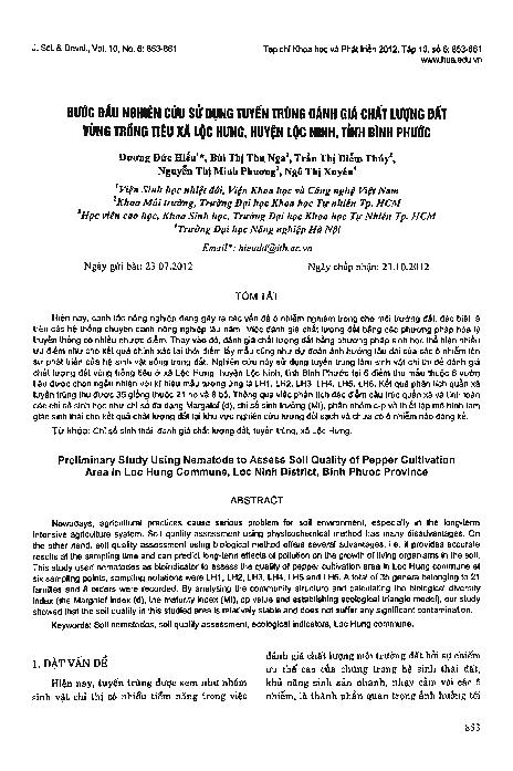 Bước đầu nghiên cứu sử dụng tuyến trùng đánh giá chất lượng đất vùng trồng tiêu xã Lộc Hưng, huyện Lộc Ninh, tỉnh Bình Phước