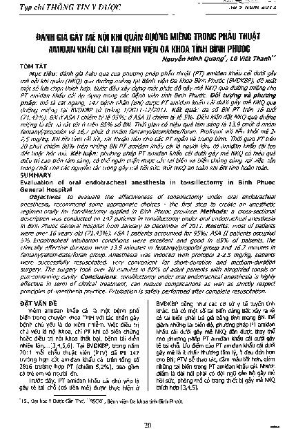 Đánh giá gây mê nội khí quản đường miệng trong phẫu thuật Amiđan khẩu cái tại bệnh viện đa khoa tỉnh Bình Phước