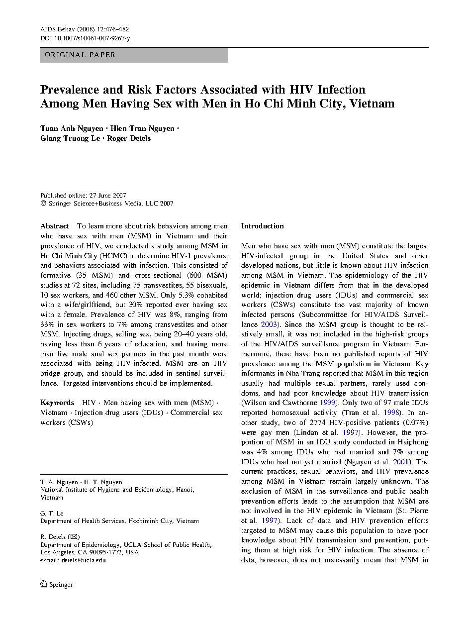 Prevalence and Risk Factors Associated with HIV Infection Among Men Having Sex with Men in Ho Chi Minh City, Vietnam