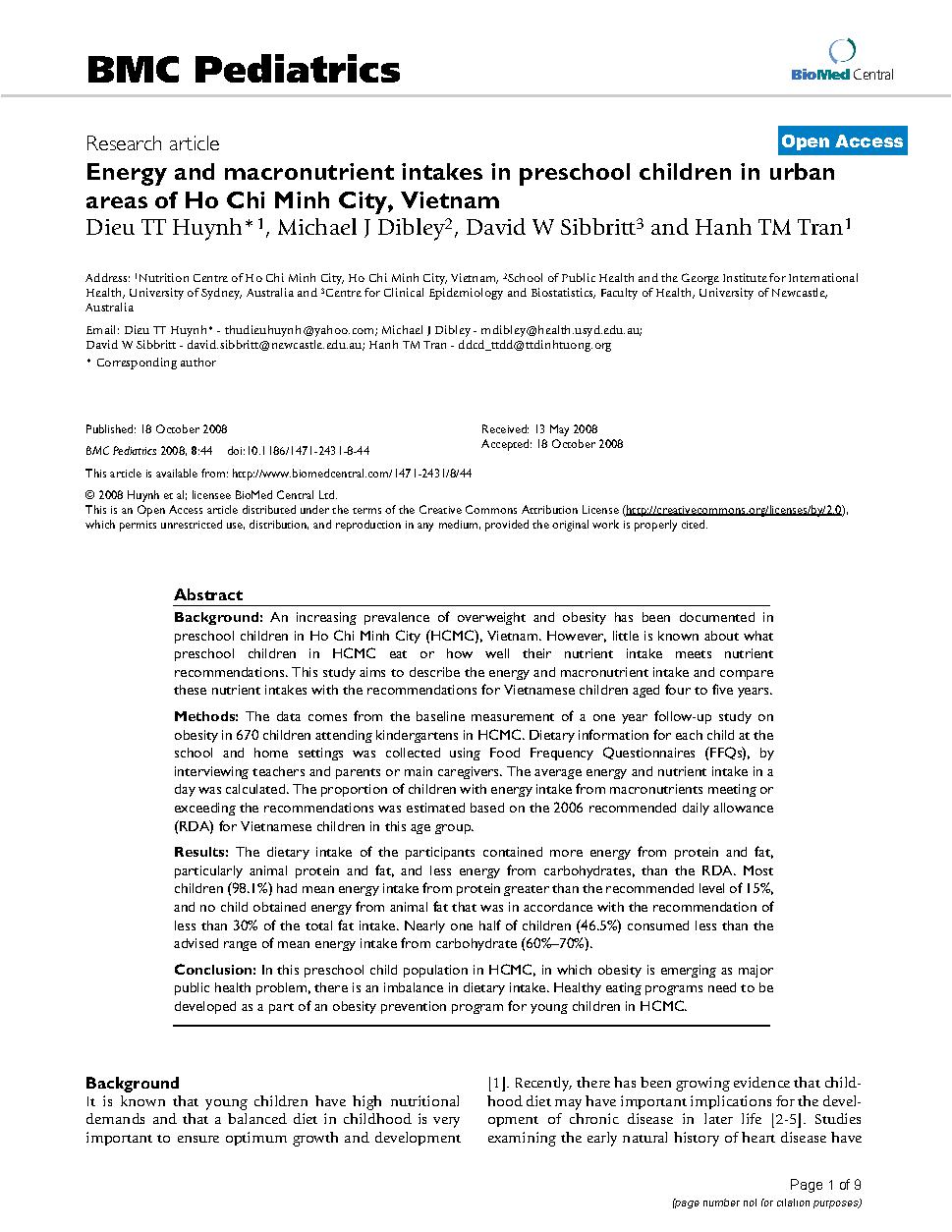 Energy and macronutrient intakes in preschool children in urban areas of Ho Chi Minh City, Vietnam