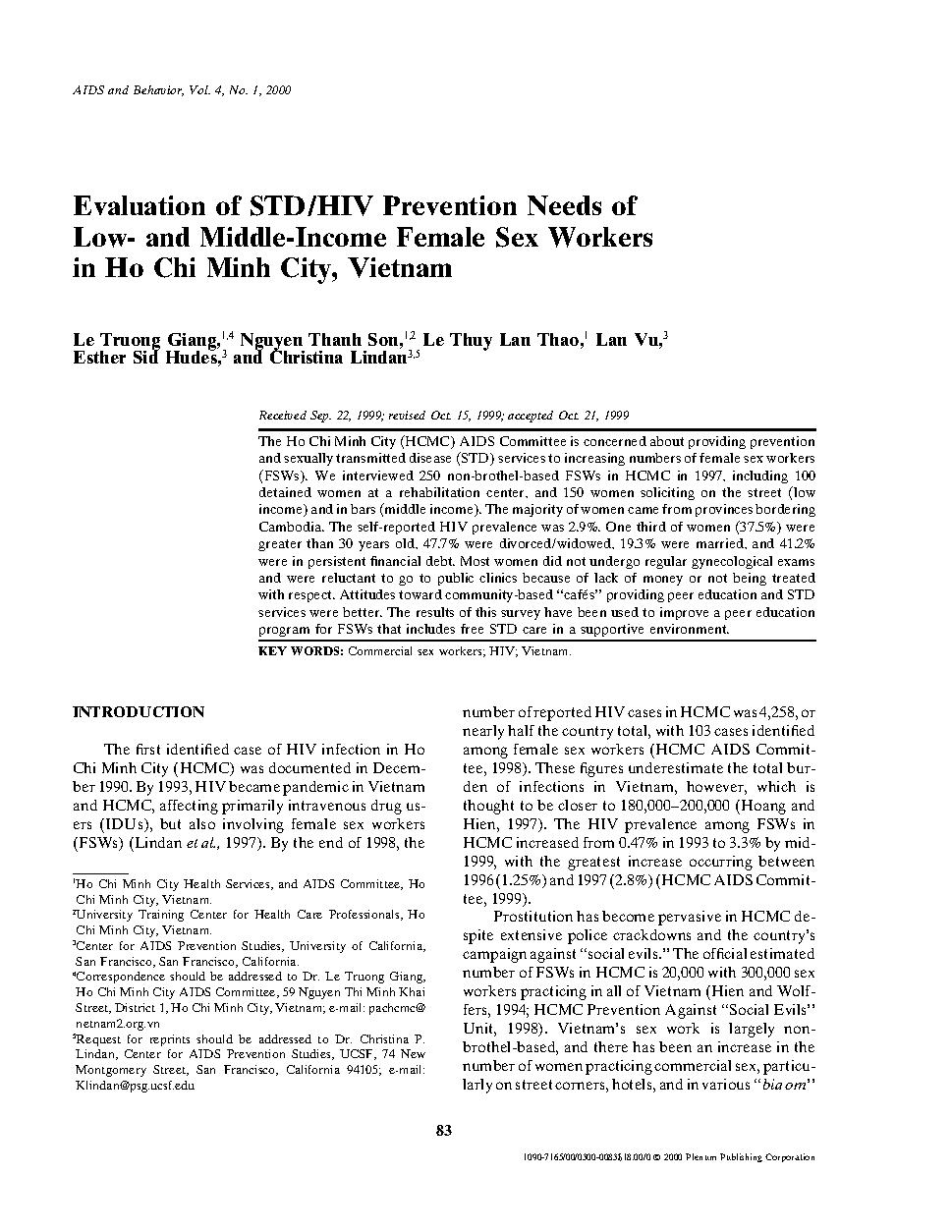 Evaluation of STD/HIV Prevention Needs of Low- and Middle-Income Female Sex Workers in Ho Chi Minh City, Vietnam