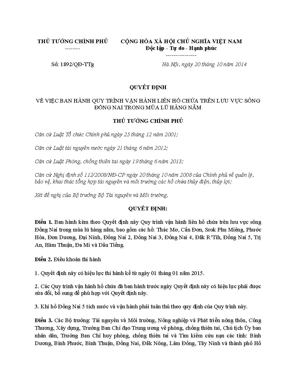 Quyết định số 1892/QĐ-TTg của Thủ tướng Chính phủ: Về việc ban hành Quy trình vận hành liên hồ chứa trên lưu vực sông Đồng Nai trong mùa lũ hàng năm