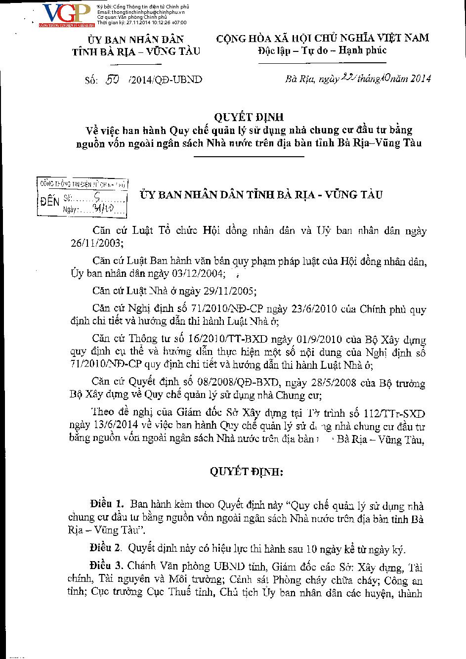 Quyết định 50/2014/QĐ-UBND về Quy chế quản lý sử dụng nhà chung cư đầu tư bằng nguồn vốn ngoài ngân sách nhà nước trên địa bàn tỉnh Bà Rịa - Vũng Tàu